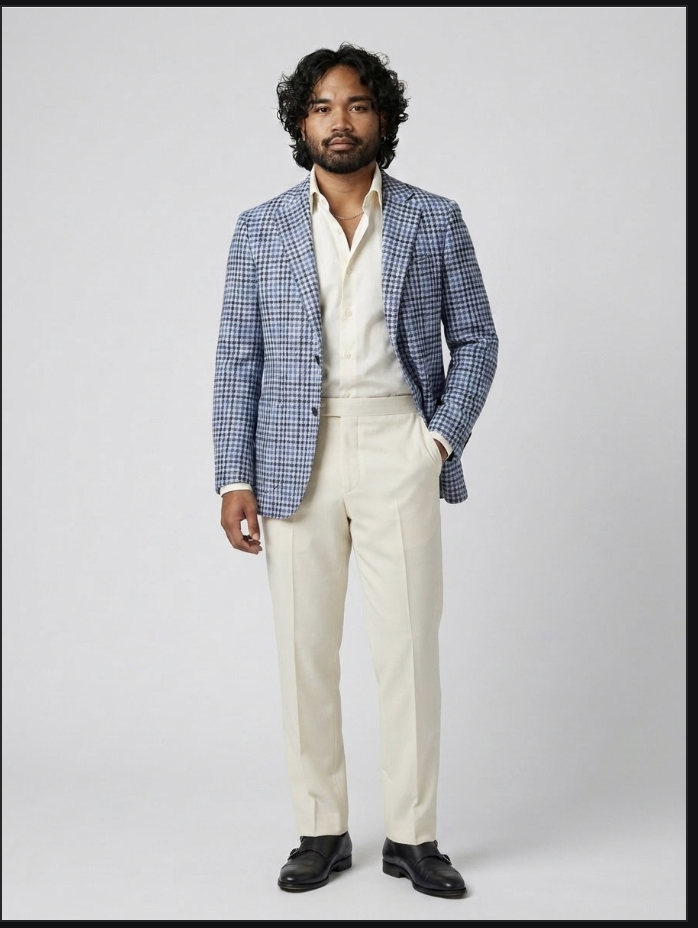 Robson rendered in a blue windowpane sport coat with cream trousers